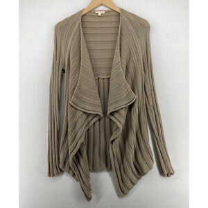EILEEN FISHER Sweater S Cotton Ribbed Cardigan Draped Open Front Brown USA